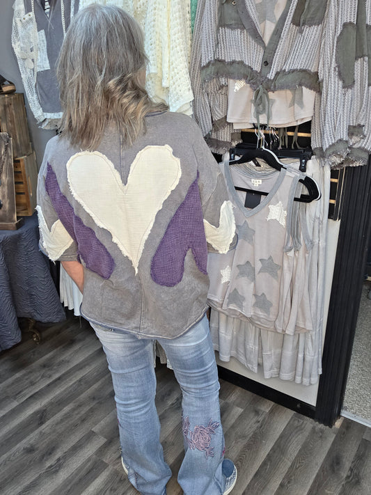 Washed Oversized Heart Quilted Shirt Top