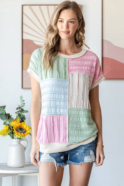 Color Block Textured Patchwork Short Sleeve Top T5944