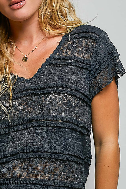 Feminine Lace V Neck Short Sleeve Top Trim Raw Edge