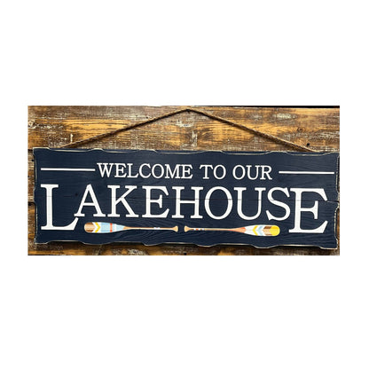 Welcome To Our Lake House: Navy Wood Sign