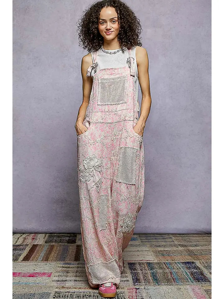 POL WYP53B Floral Embroidered Boho Overalls