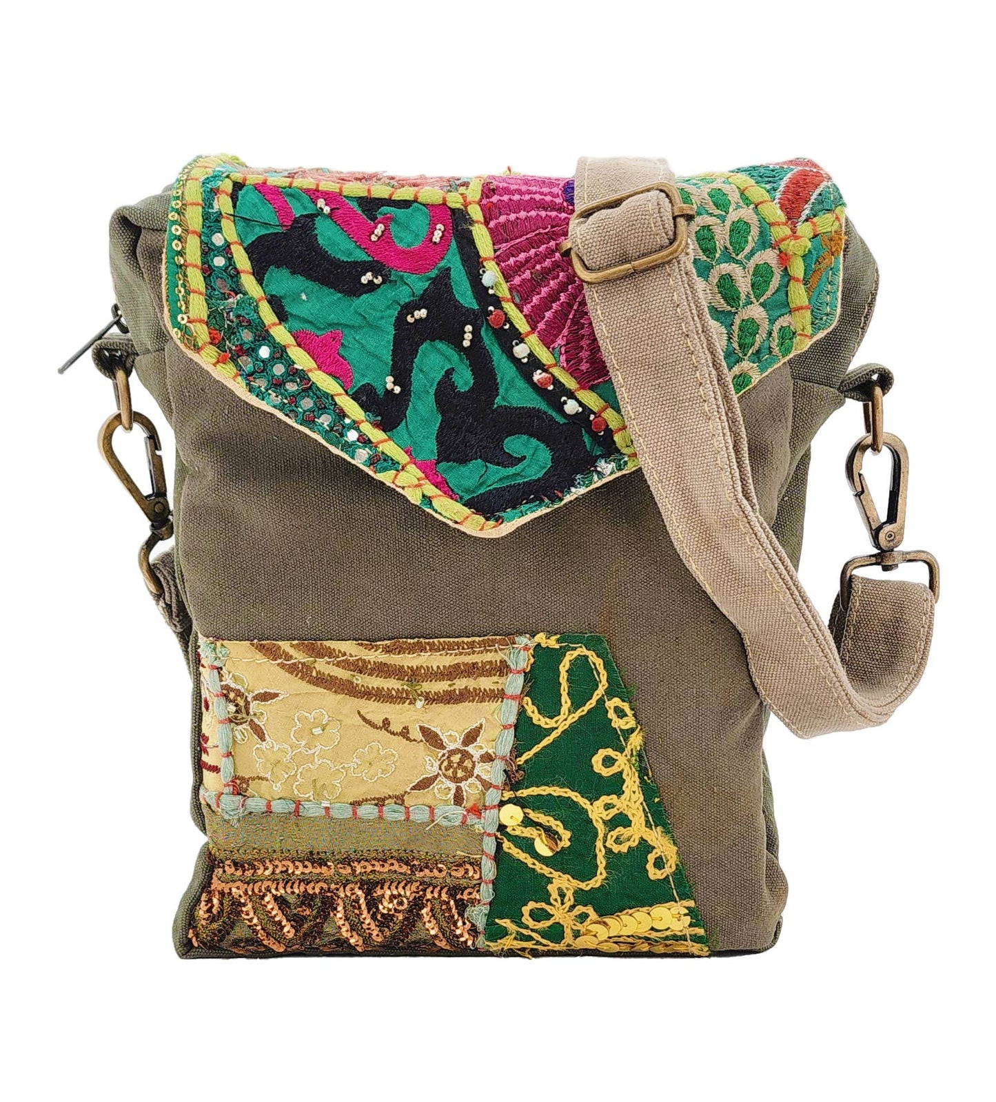 Recycled Military Tent w/Vintage Fabric Crossbody