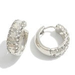 Silver Chunky Metal Huggie Hoop Earrings With Rhinestone Accents