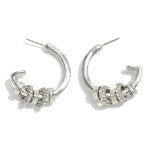 Silver Metal Hoop Earrings Featuring Rhinestone Cuff Charms