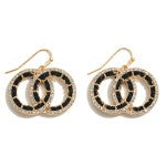 Linked Double Circle Drop Earrings With Braided Leather & Rhinestone Accents