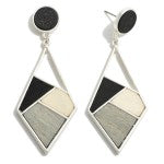 Silver Tone Geometric Drop Earrings With Wood Accents