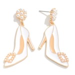 White Enamel Wedding Heel Drop Earring With Pearl Accents