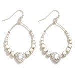 Silver Dainty Metal Teardrop Earrings Featuring Beaded & Heart Details