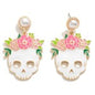 Flower Accented Halloween Skull Drop Earrings