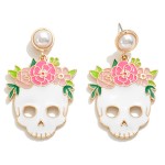 Flower Accented Halloween Skull Drop Earrings