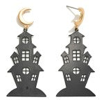 Stamped Brass Haunted Halloween House Drop Earrings