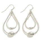 Silver Textured Nesting Teardrop Earring With Bead Accent