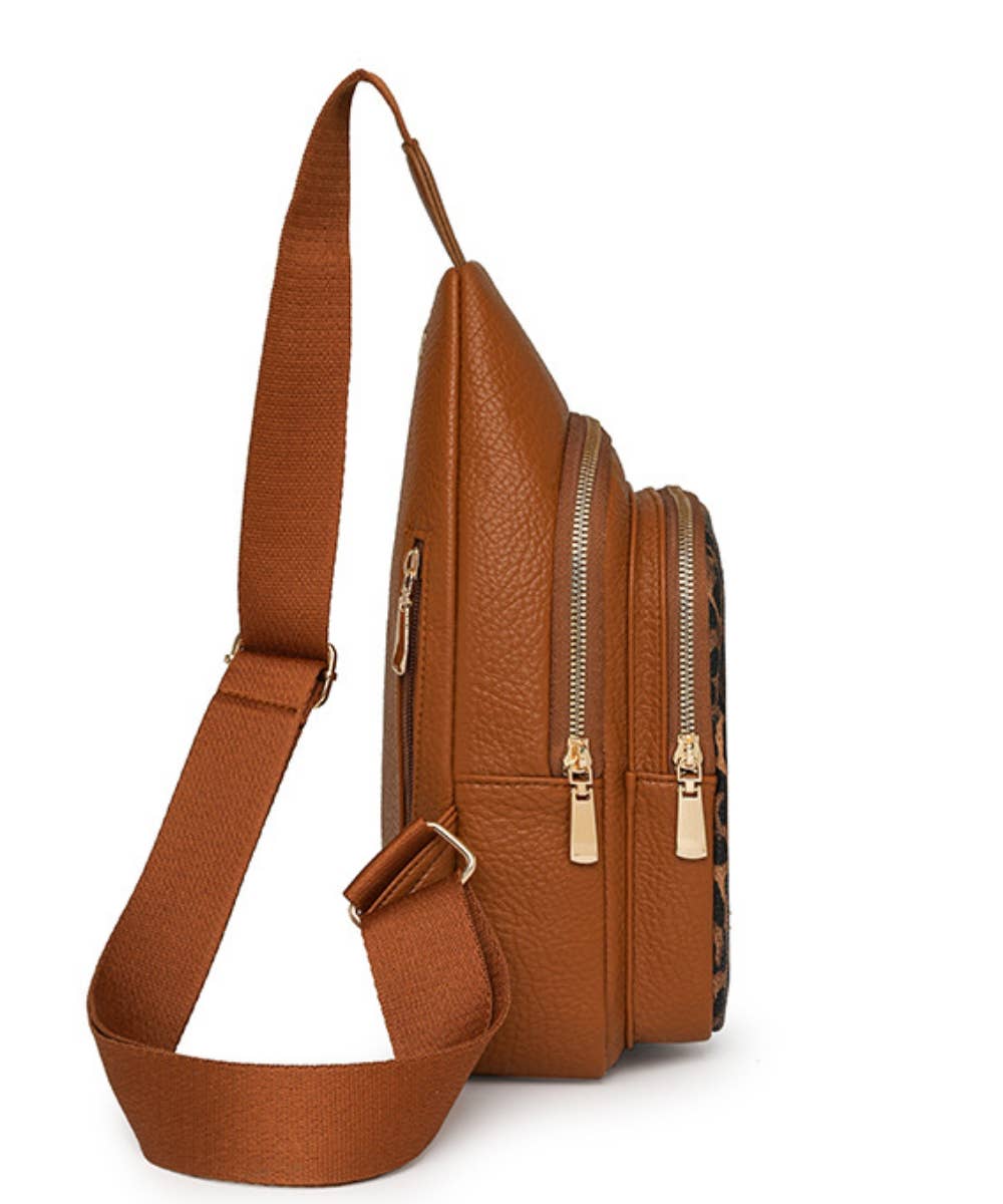 LEOPARD DOUBLE ZIPPER CROSSBODY SLING BAG