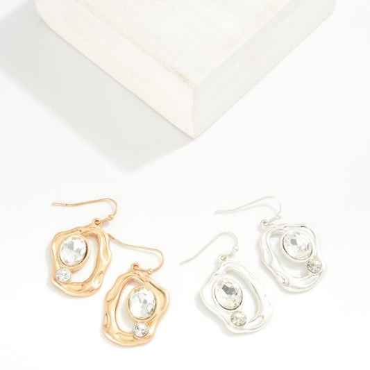 279965 Hammered Metal Abstract Geometric Shape Drop Earrings Featuring Rhinestone Detail