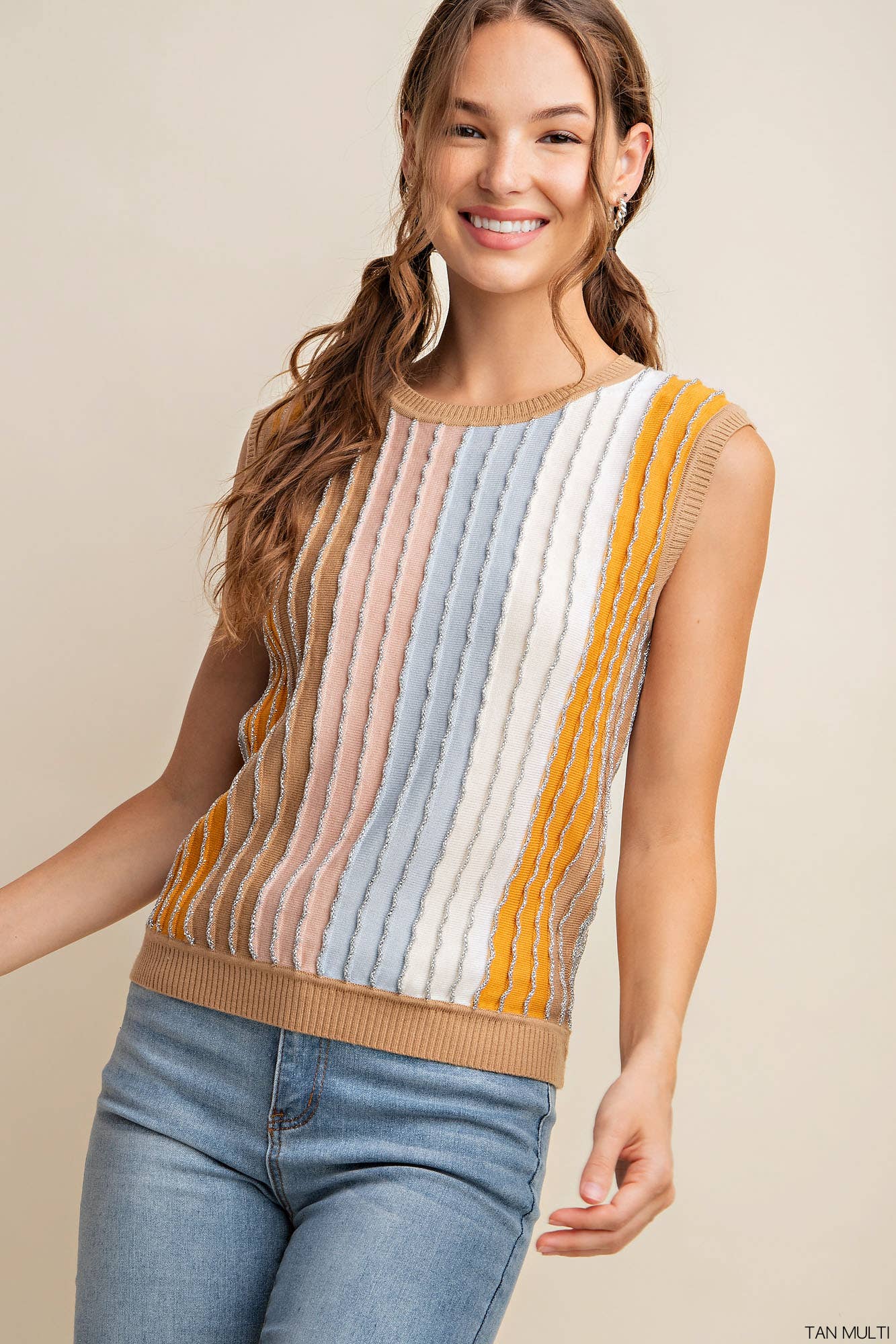 Large Brick Multi Color Shimmer Striped Sweater Shirt Top