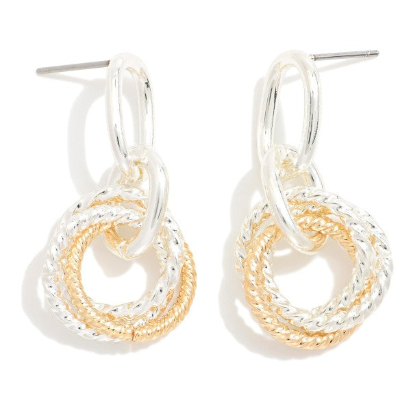 280334 Metal Tone Linked Hoops Post Drop Earrings Featuring Intertwined Textured Metal Hoops Detail