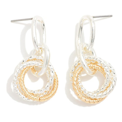 280334 Metal Tone Linked Hoops Post Drop Earrings Featuring Intertwined Textured Metal Hoops Detail