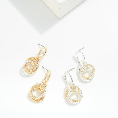 280334 Metal Tone Linked Hoops Post Drop Earrings Featuring Intertwined Textured Metal Hoops Detail