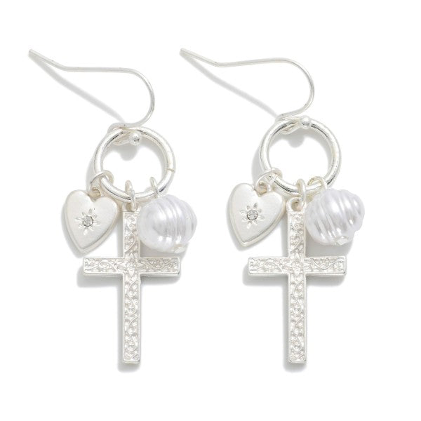 280857 Metal Tone Hoop Drop Earrings Featuring Cross, Pearl, Heart Charms