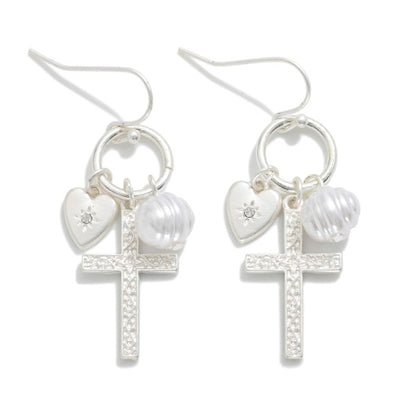 280857 Metal Tone Hoop Drop Earrings Featuring Cross, Pearl, Heart Charms