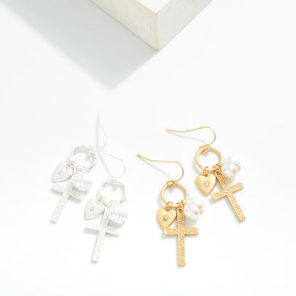 280857 Metal Tone Hoop Drop Earrings Featuring Cross, Pearl, Heart Charms