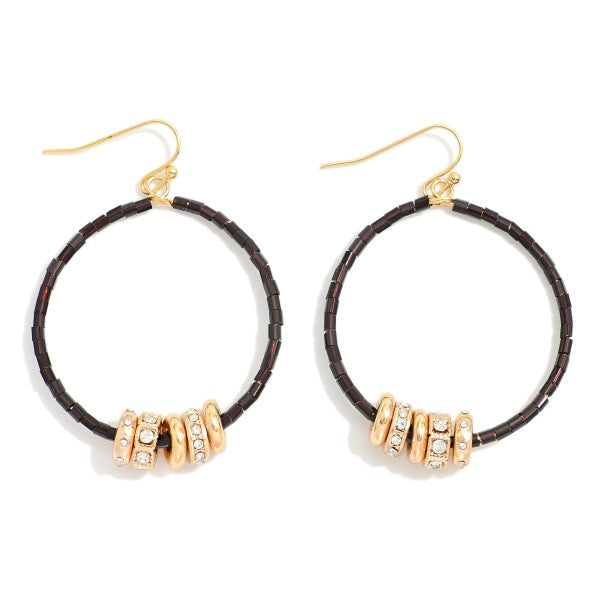 280932 Seed Beaded Hoop Drop Earring Featuring Gold Tone Rhinestone Studded Discs