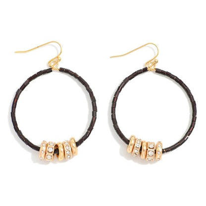280932 Seed Beaded Hoop Drop Earring Featuring Gold Tone Rhinestone Studded Discs