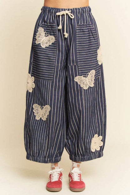 Crochet Applique Striped Barrel Pants