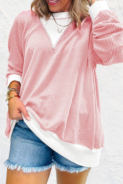 Blossom Corded Colorblock Drop Shoulder Loose Top Shirt