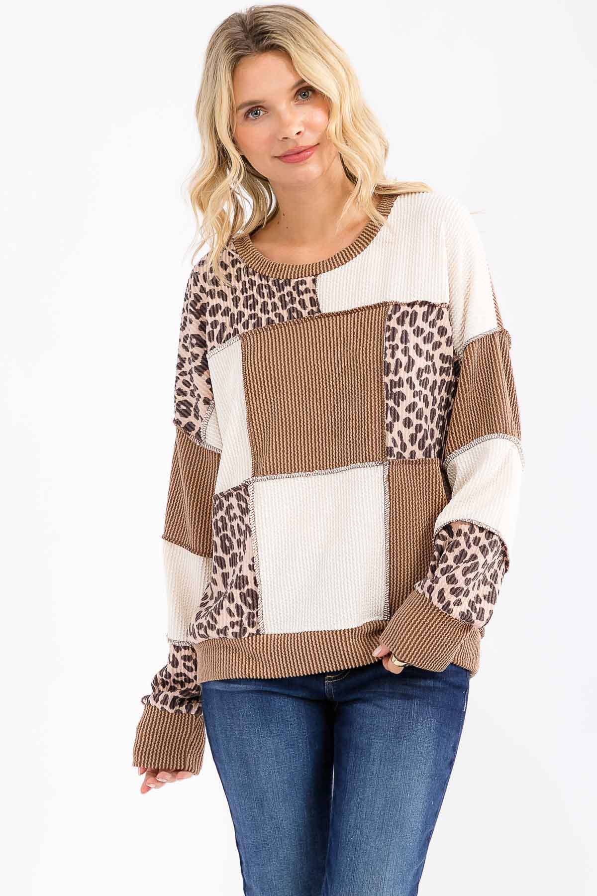 Leopard Patchwork Color Block Rib Knit Pullover Top T6089