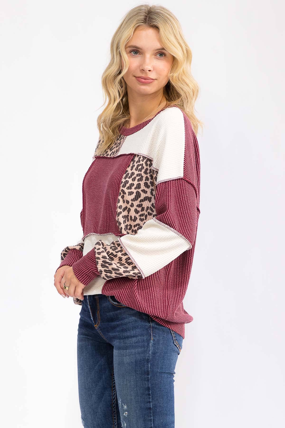Leopard Patchwork Color Block Rib Knit Pullover Top T6089
