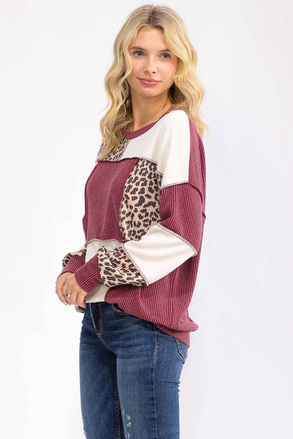 Leopard Patchwork Color Block Rib Knit Pullover Top T6089