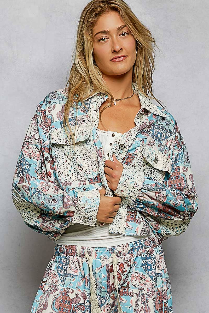 Crochet lace patch floral jacket top