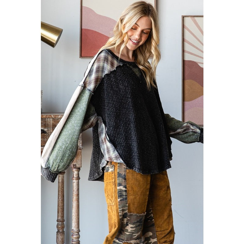 Washed Plaid Mixed Pullover Oversized Knit Top Oli & Hali