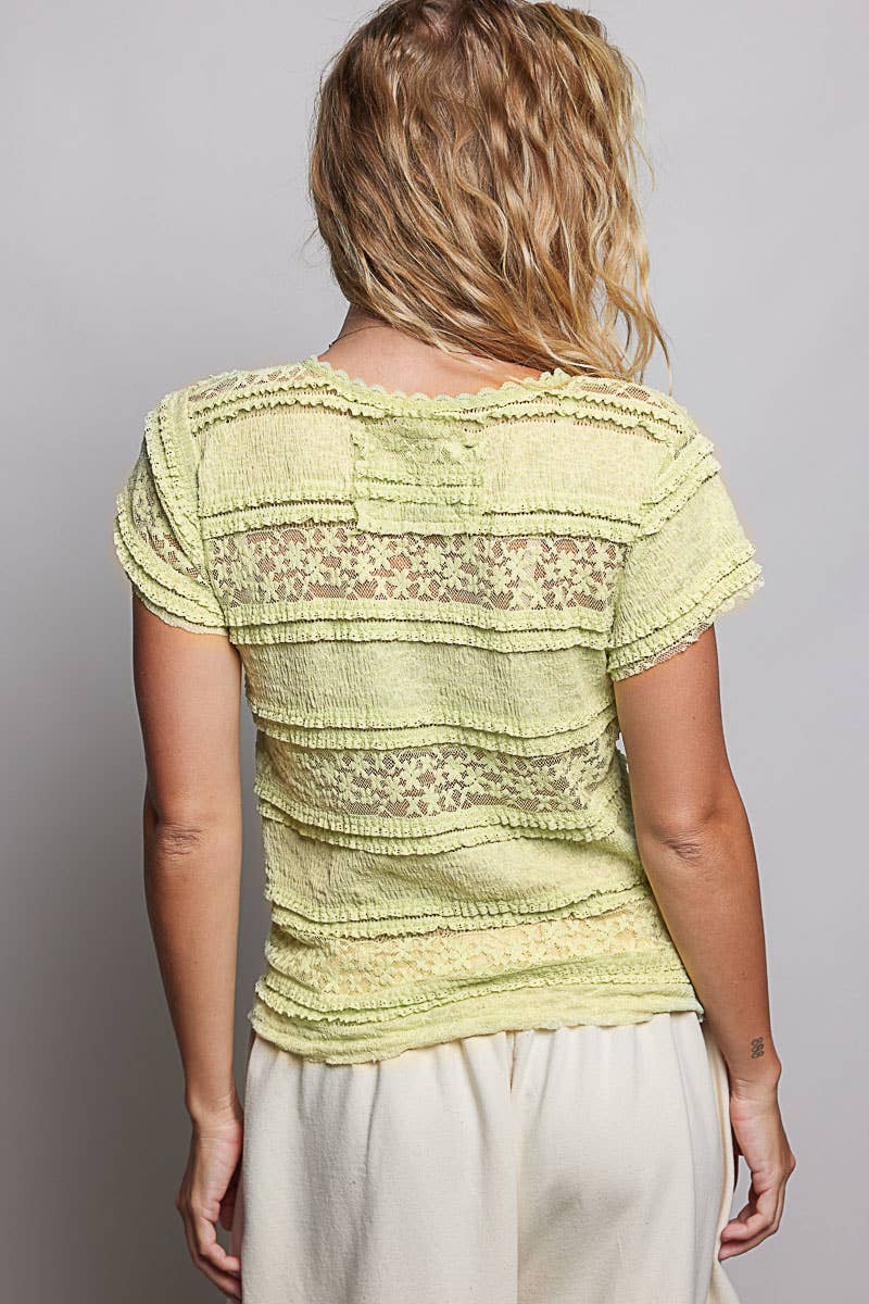 Feminine Lace V Neck Short Sleeve Top Trim Raw Edge