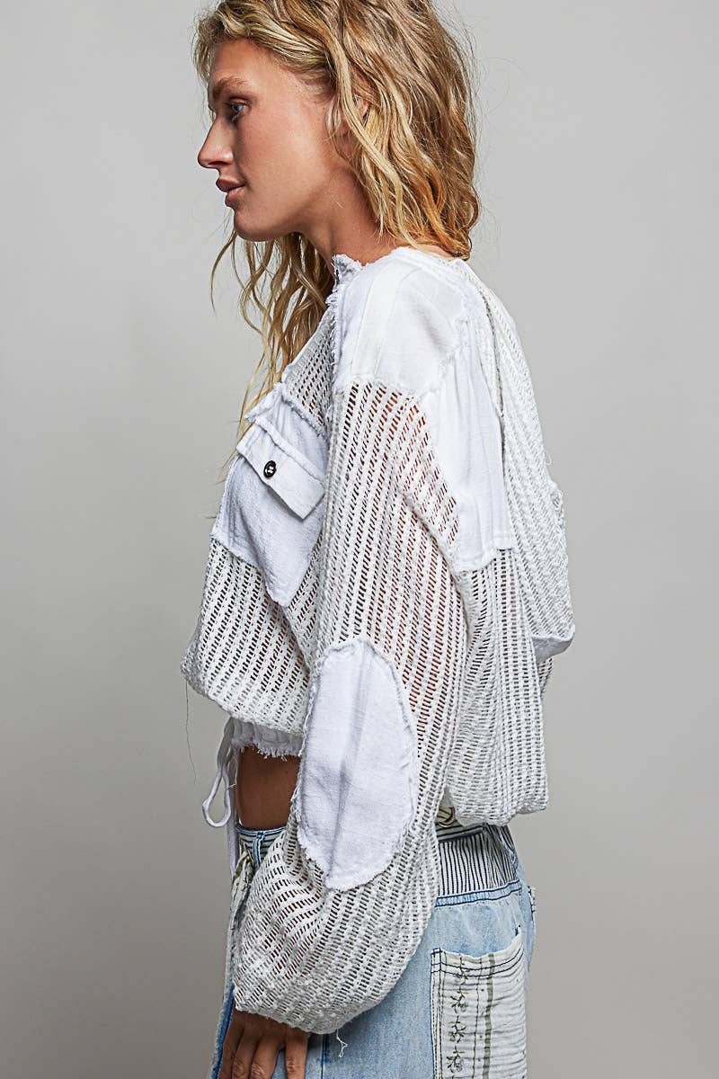 Open Knit Button Down Pocket Front Hooded Shirt Top