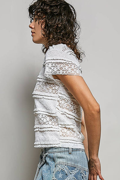Feminine Lace V Neck Short Sleeve Top Trim Raw Edge