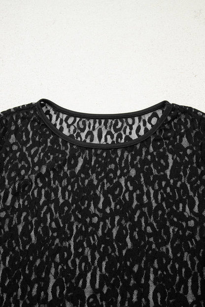 Leopard Pattern Sheer Mesh Long Sleeve Top