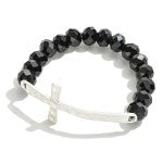 Black Silver Cross Stretch Bracelet Featuring Faceted Beads