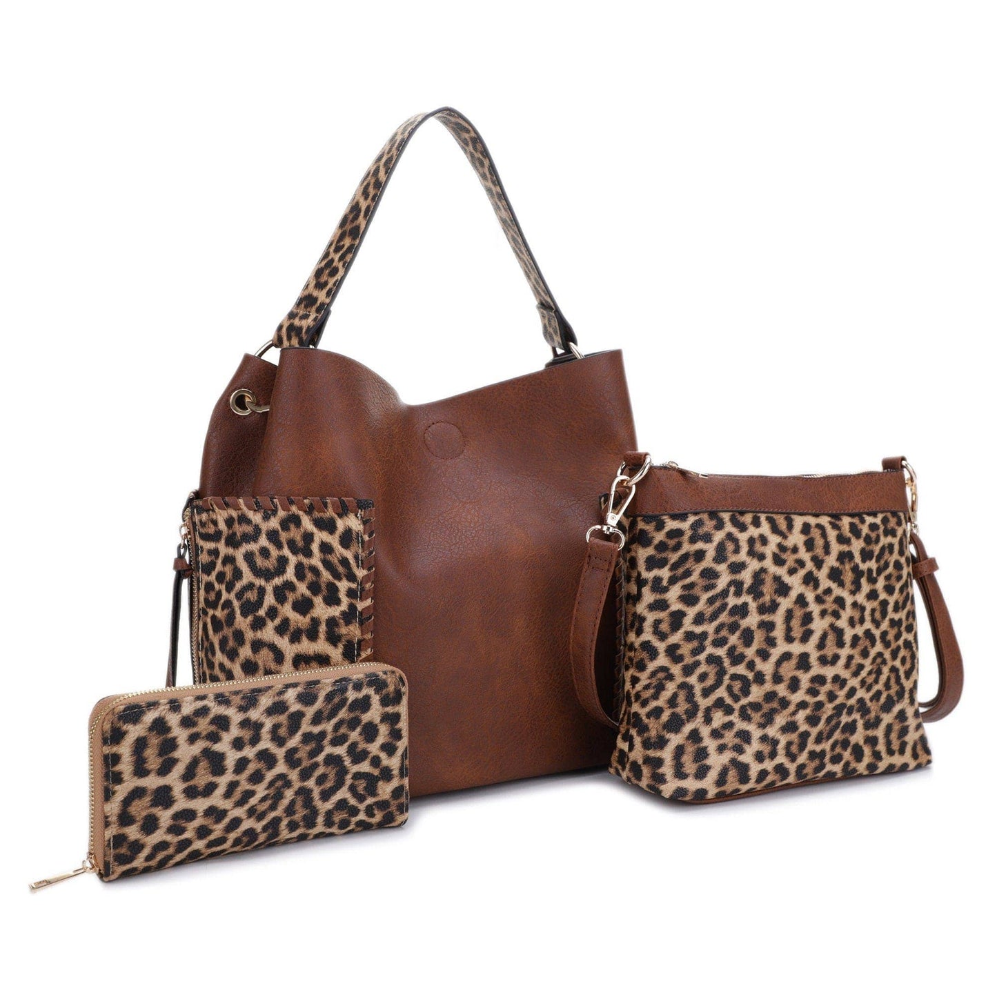 EJ95037L3 Mina Leopard 3 Piece Bag Set: Tan