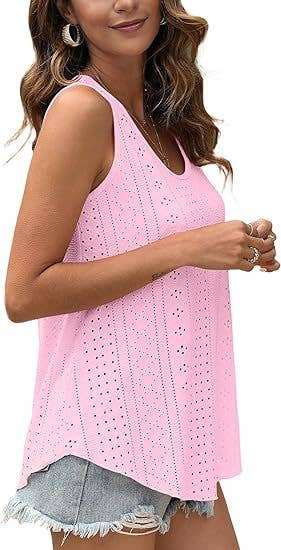 White / L Eyelet basic loose overfit cozy summer tank top: