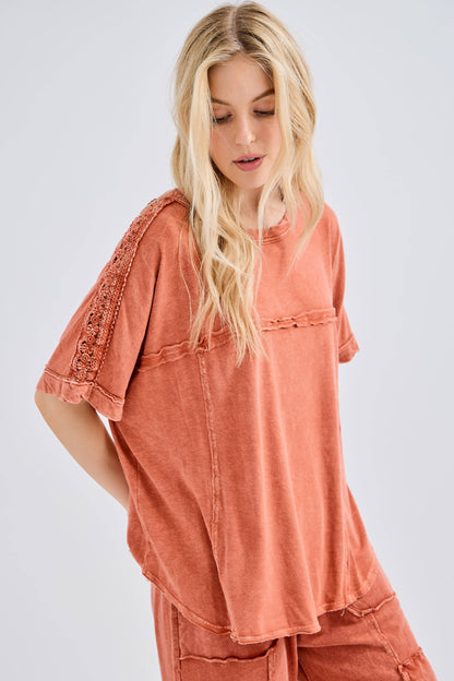 Mineral Washed Relaxed Fit Tee with Crochet Detail HT6312 Shirt
