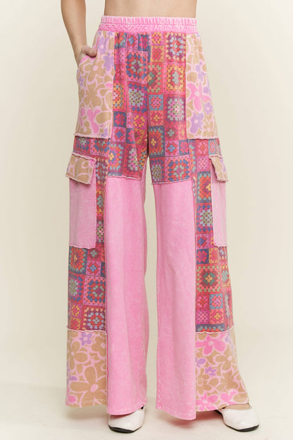 Mineral Wash Crochet Floral Printed Pants HP5758
