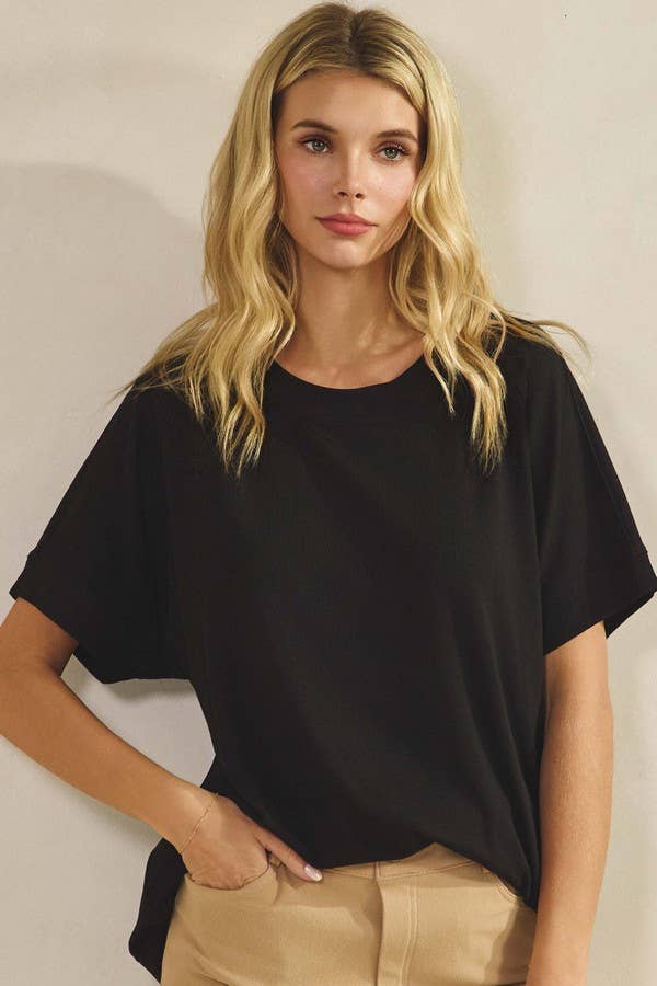 Yelete Ribbed Relaxed Fit Crew Neck Top Shirt