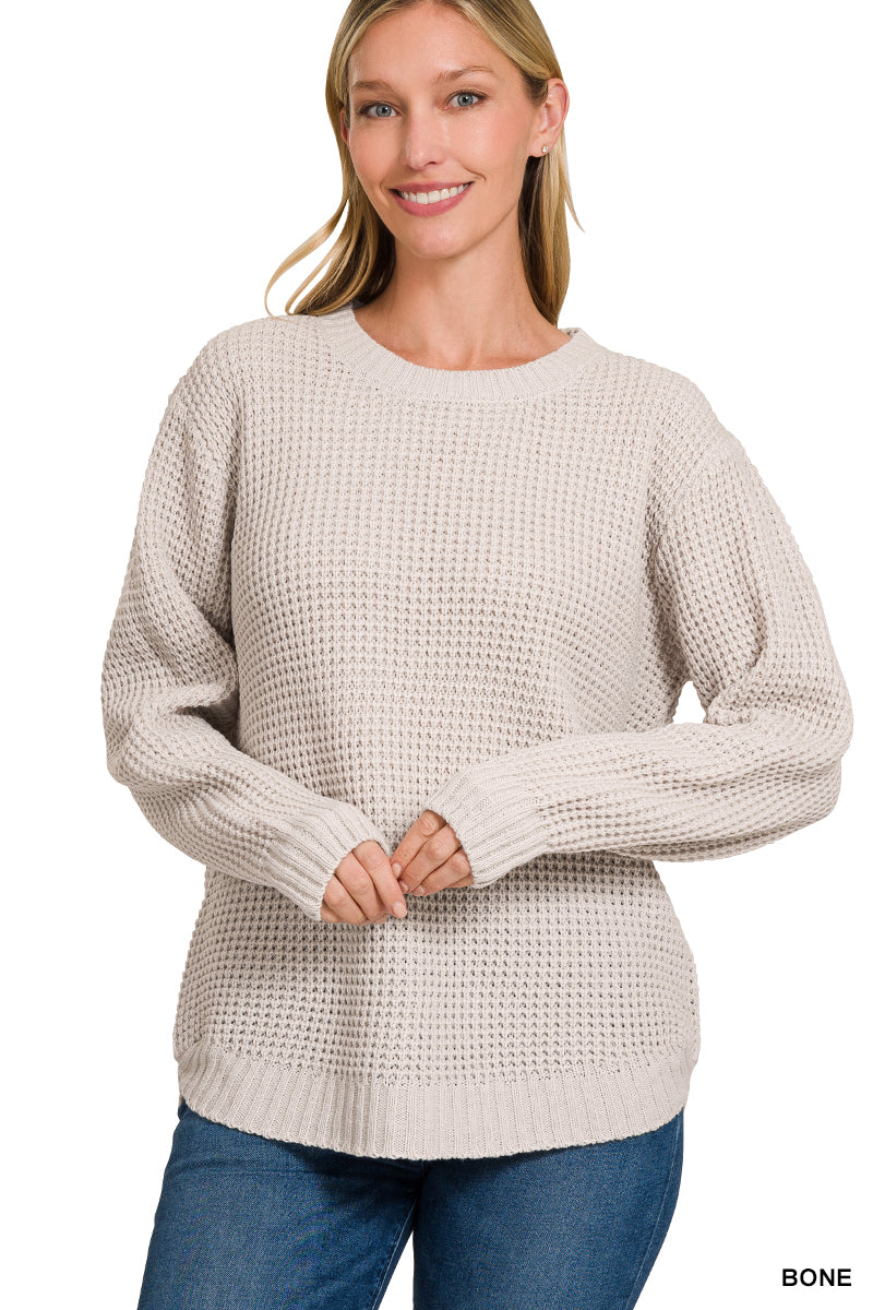 Hi-Low Long Sleeve Round Neck Waffle Sweater Zenana 3416