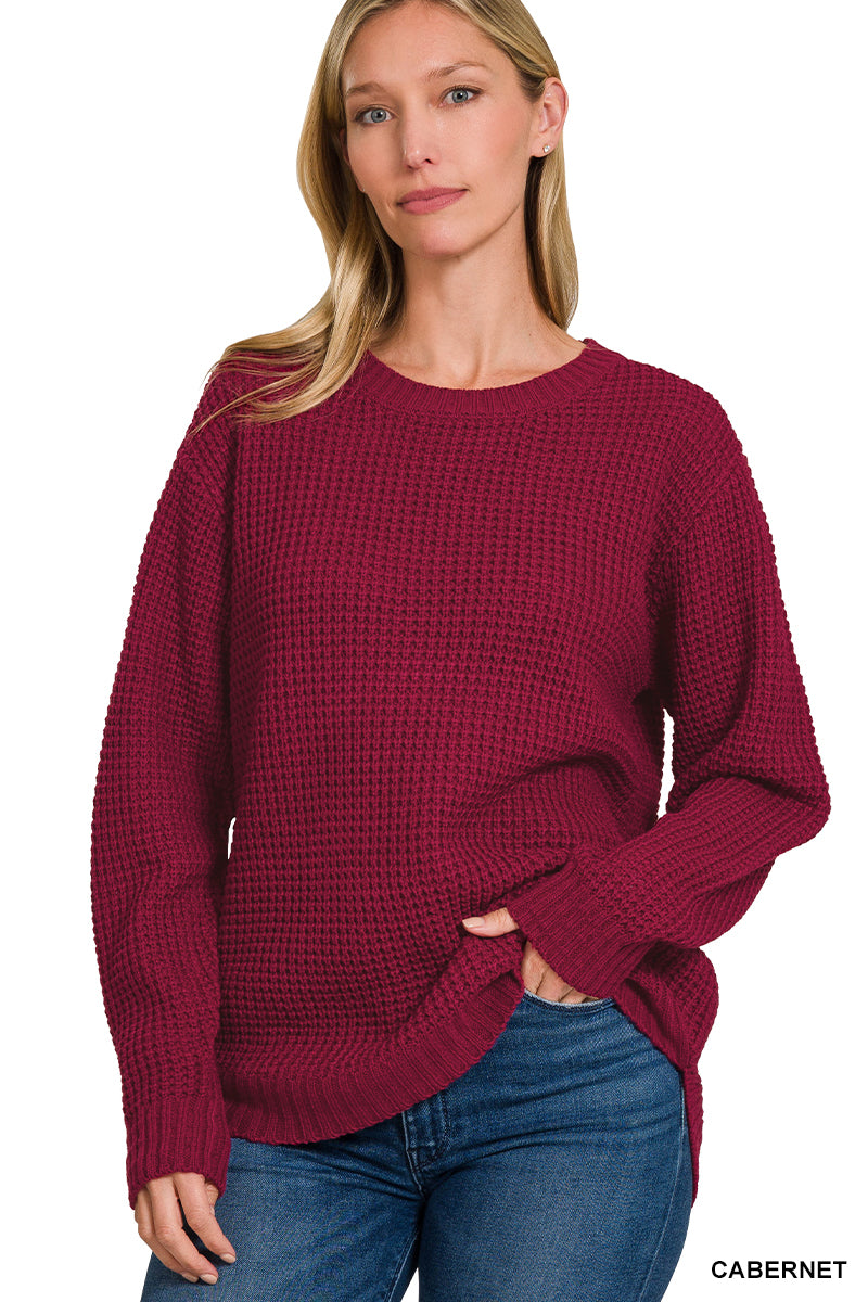 Hi-Low Long Sleeve Round Neck Waffle Sweater Zenana 3416