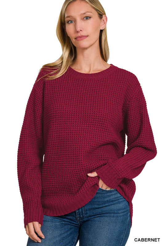 Hi-Low Long Sleeve Round Neck Waffle Sweater Zenana 3416