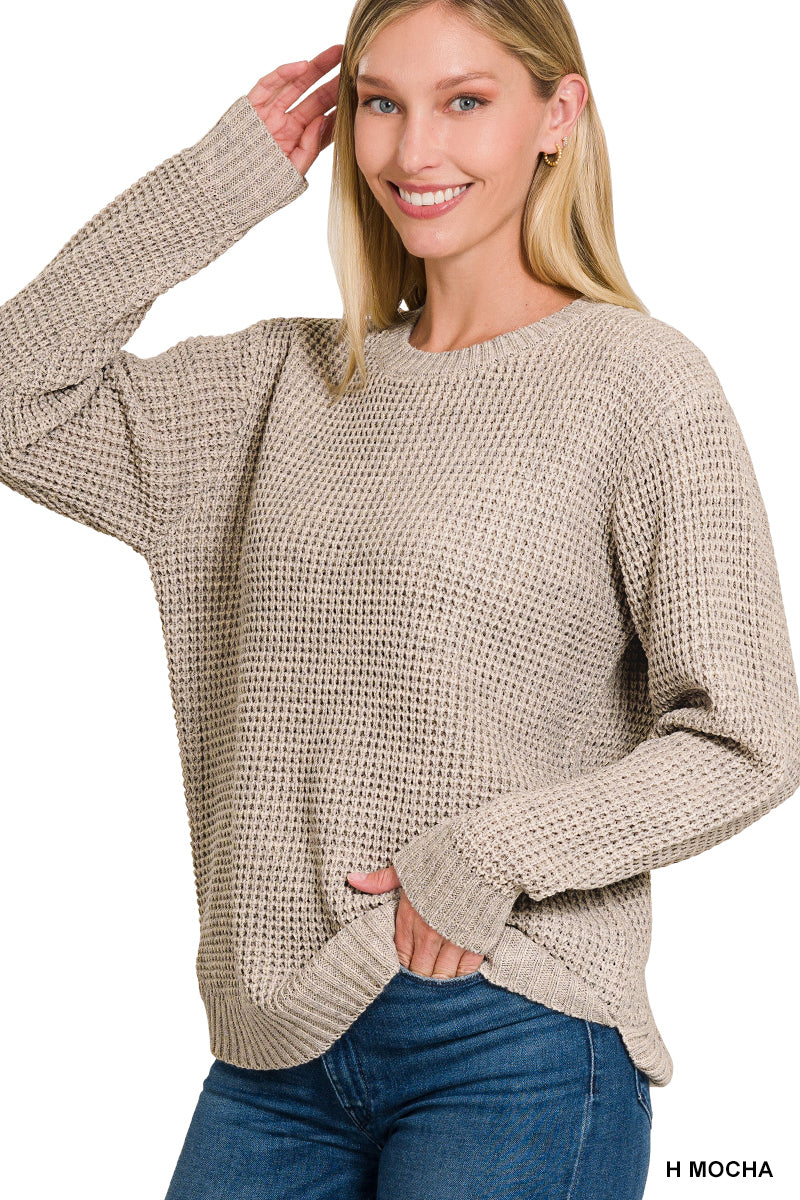 Hi-Low Long Sleeve Round Neck Waffle Sweater Zenana 3416