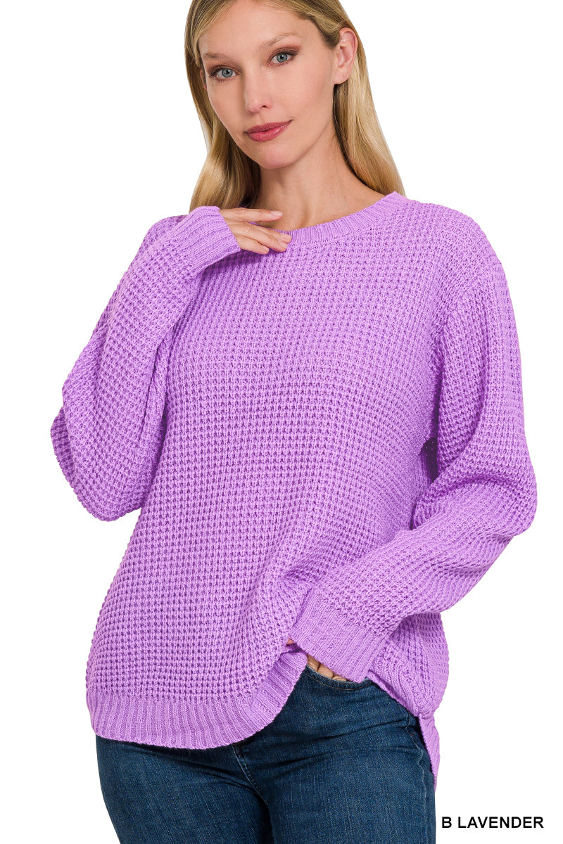 Hi-Low Long Sleeve Round Neck Waffle Sweater Zenana 3416