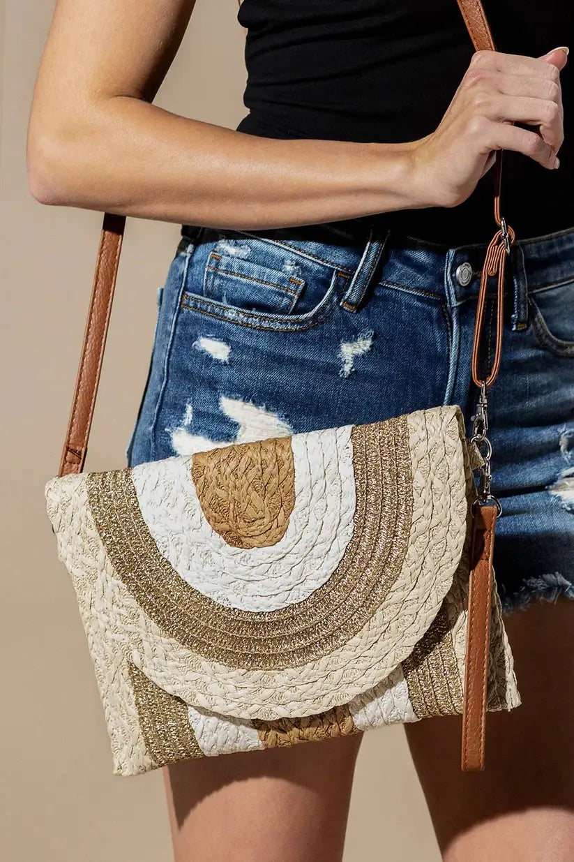 MB0291 Metallic Lined Multi Color Straw Clutch/Crossbody Bag